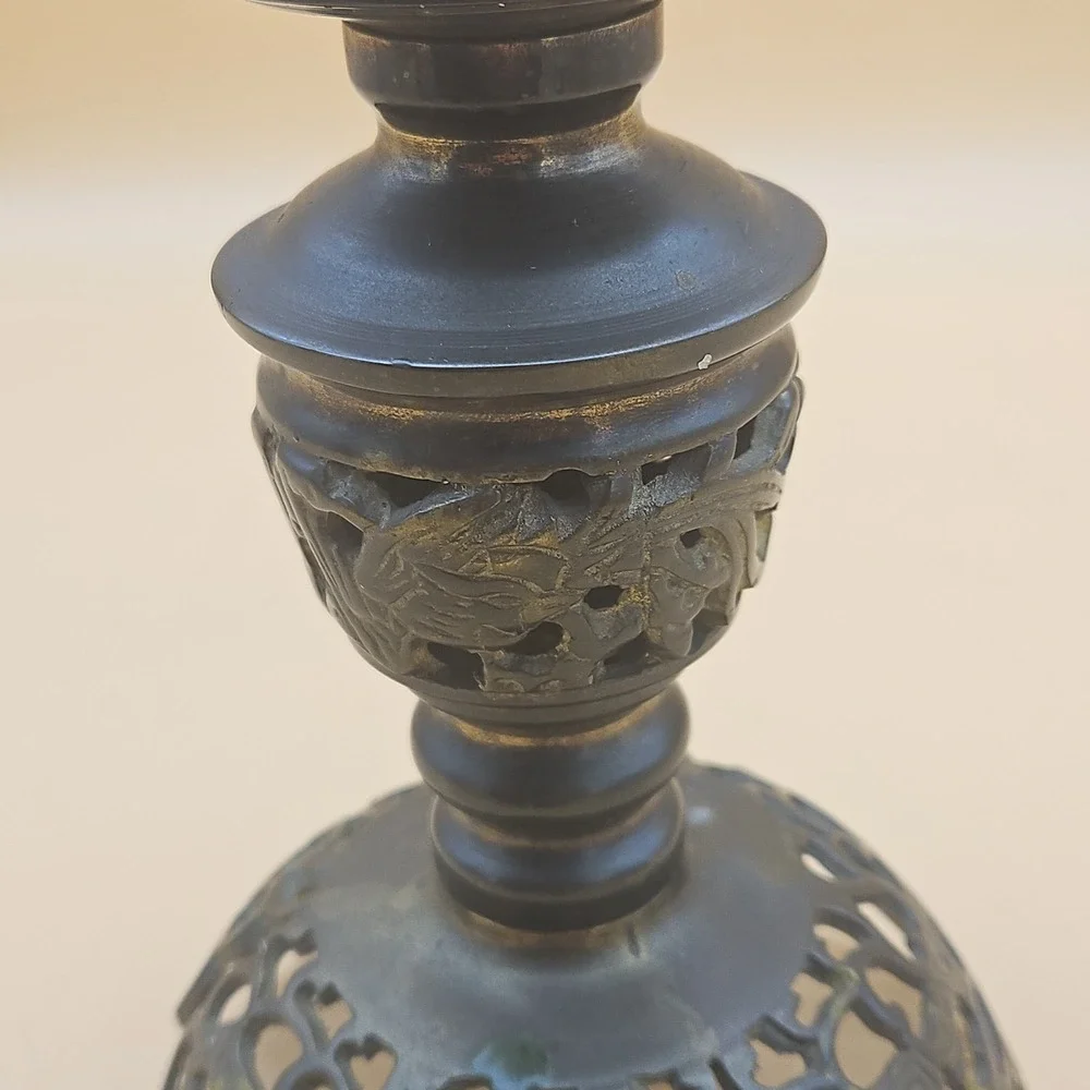 Vintage Chinese Asian Pricket Candle Holder Brass Metal Open Lattice Designs